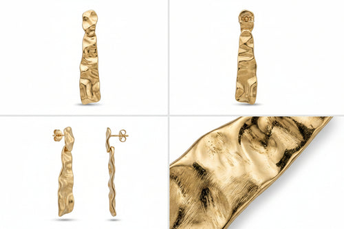 Four-panel product collage showing gold earrings on a white background: front and side views of a textured vertical drop earring, a close-up of the earring back with a 10K hallmark, and a matching close-up of the hammered gold surface.