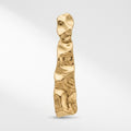 Four-panel product collage showing gold earrings on a white background: front and side views of a textured vertical drop earring, a close-up of the earring back with a 10K hallmark, and a matching close-up of the hammered gold surface.