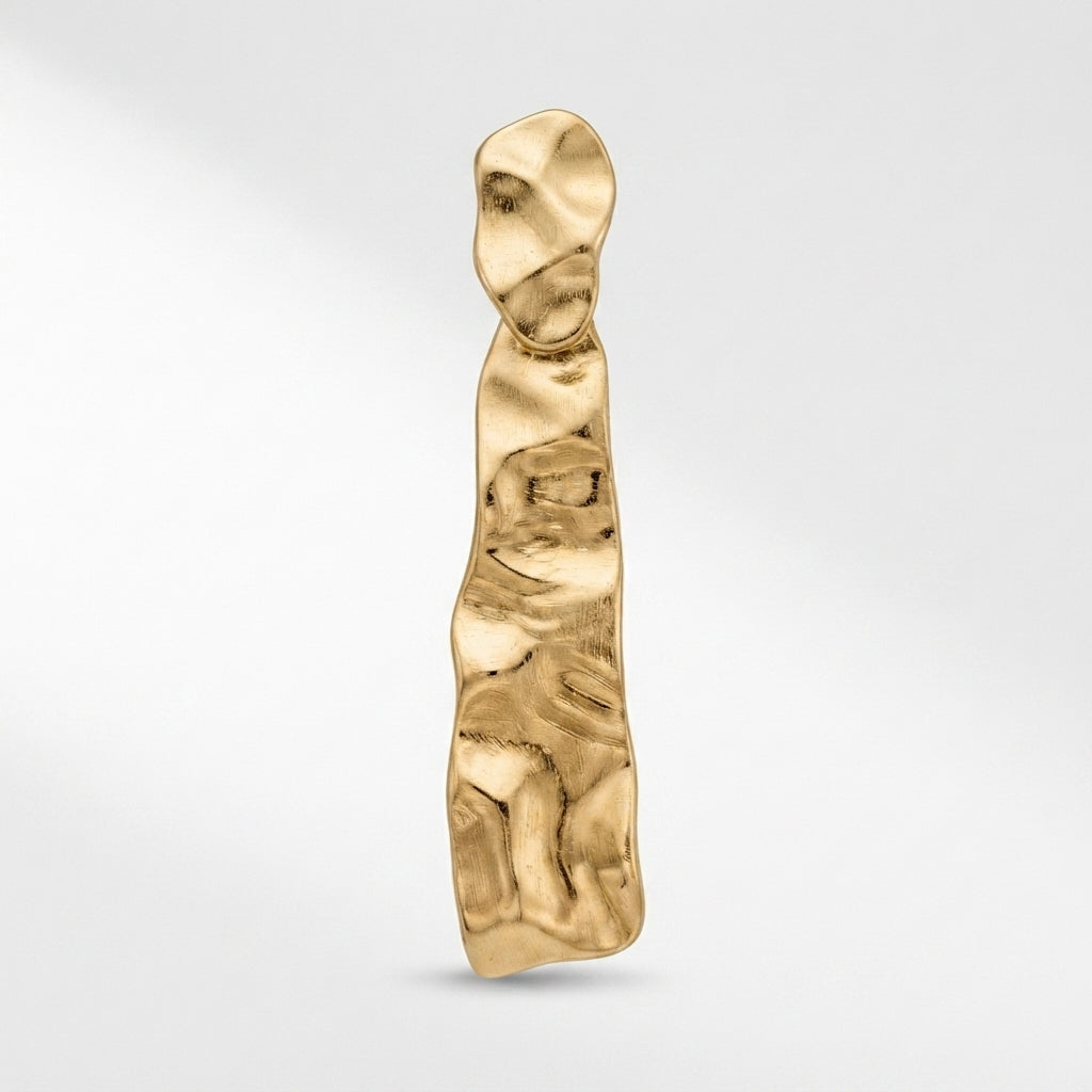 Four-panel product collage showing gold earrings on a white background: front and side views of a textured vertical drop earring, a close-up of the earring back with a 10K hallmark, and a matching close-up of the hammered gold surface.