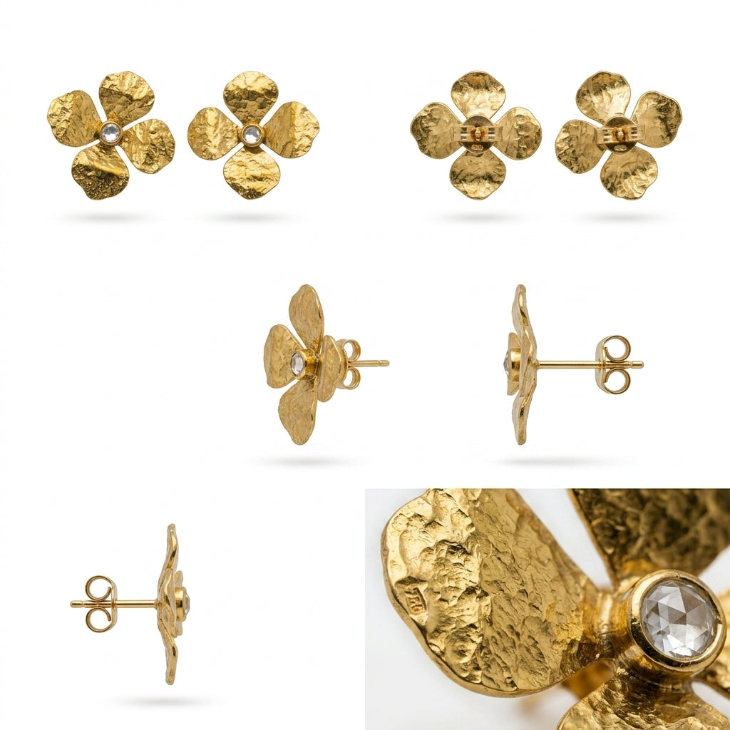 Five views of a pair of textured yellow gold flower stud earrings with a small clear gemstone in the center, shown on a white background with a close-up detail panel.