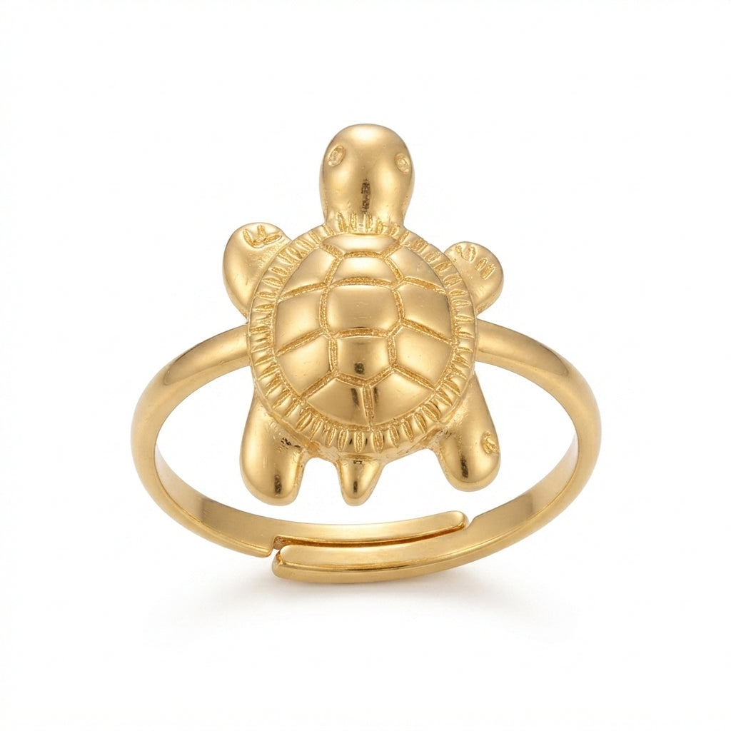 A gold-plated turtle-shaped ring with an adjustable band, shown on a clean white background.