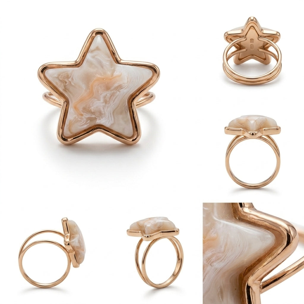 A star-shaped ring with a polished rose gold metal setting and a cream and beige marbled stone, shown from multiple angles on a white background.