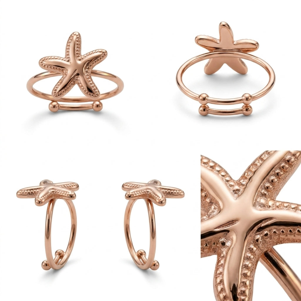 Rose gold jewelry set featuring starfish-shaped hoop earrings and matching rings, shown from multiple angles with a close-up detail view on a white background.