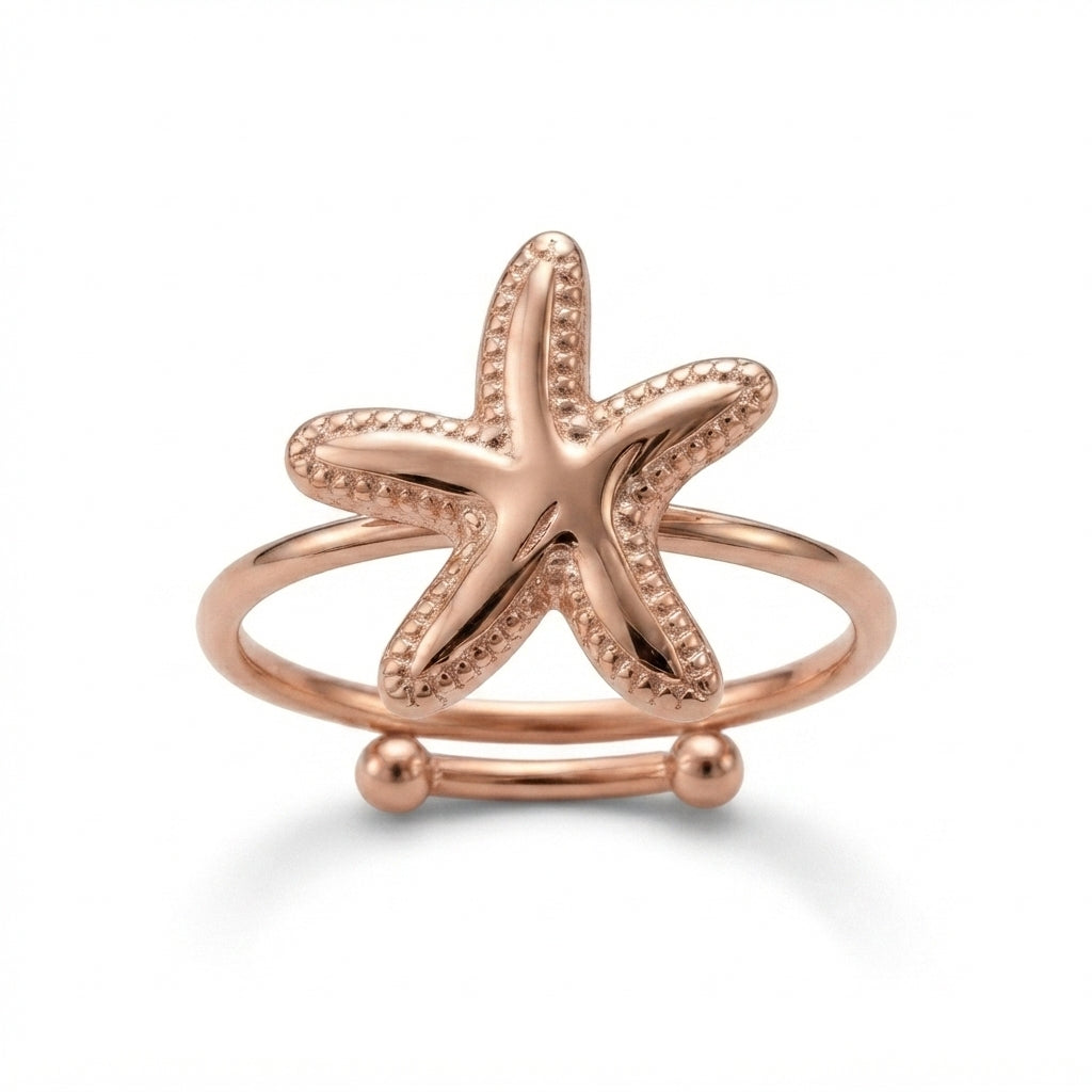 Rose gold jewelry set featuring starfish-shaped hoop earrings and matching rings, shown from multiple angles with a close-up detail view on a white background.