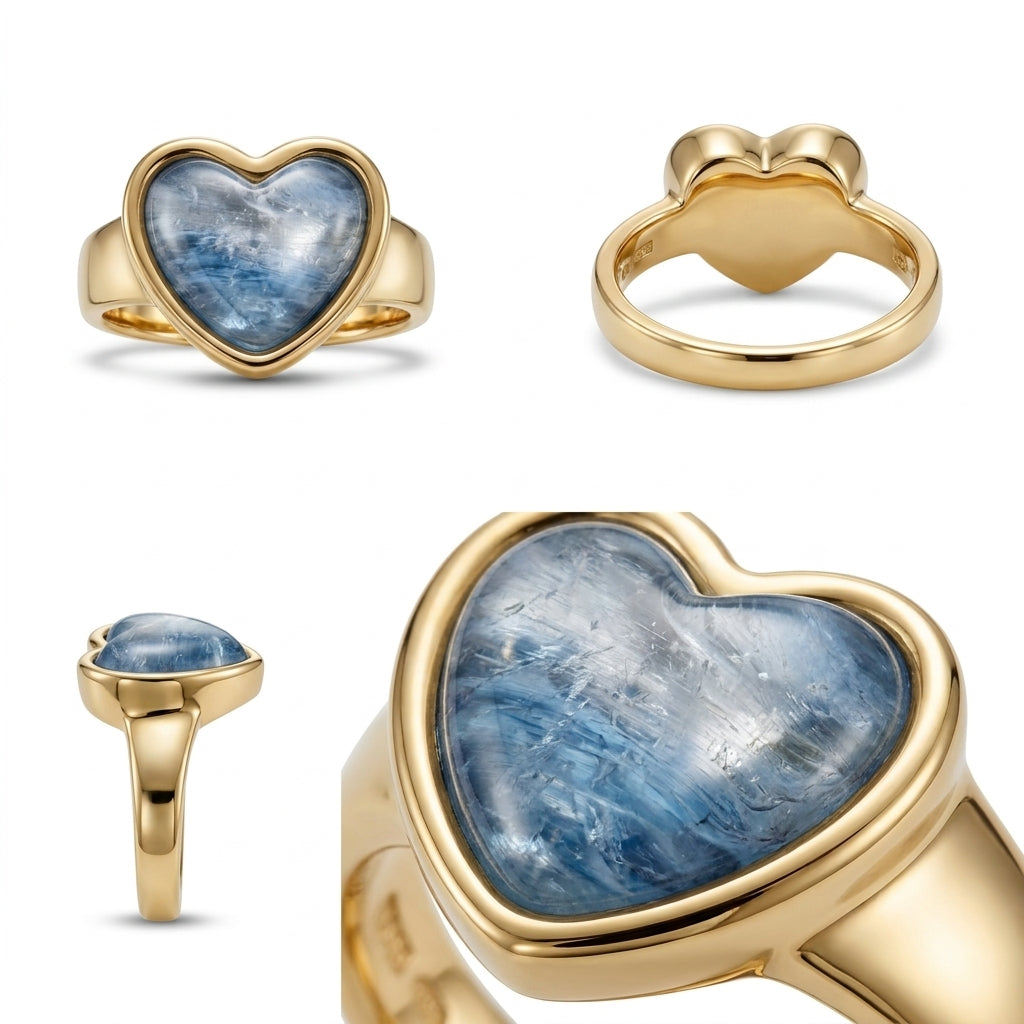 A heart-shaped gold ring with a blue marbled gemstone, shown from multiple angles on a clean white background.