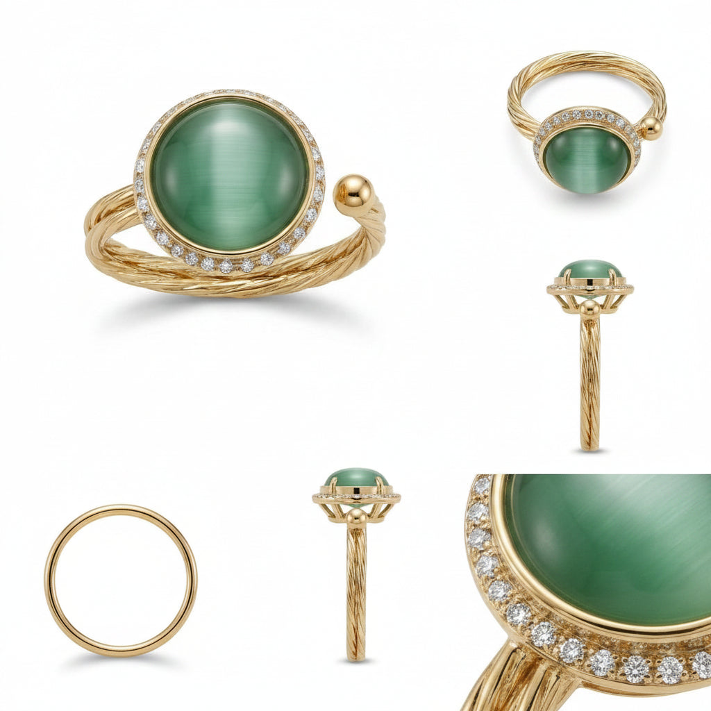 A gold ring shown from multiple angles on a white background, featuring a large oval green cabochon stone surrounded by small clear stones and a twisted gold band with a ball detail.