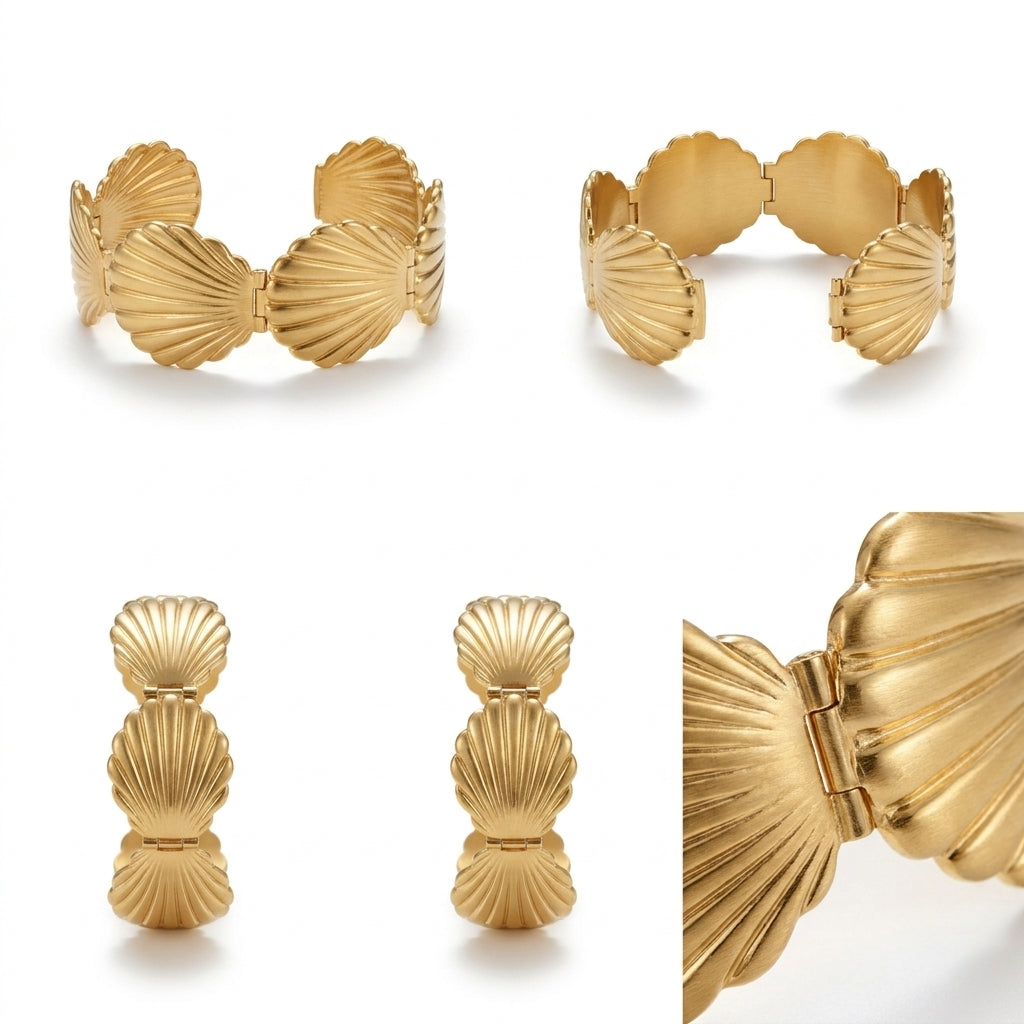 Gold-toned shell-shaped cuff bracelet shown from multiple angles on a white background, including a close-up detail panel.