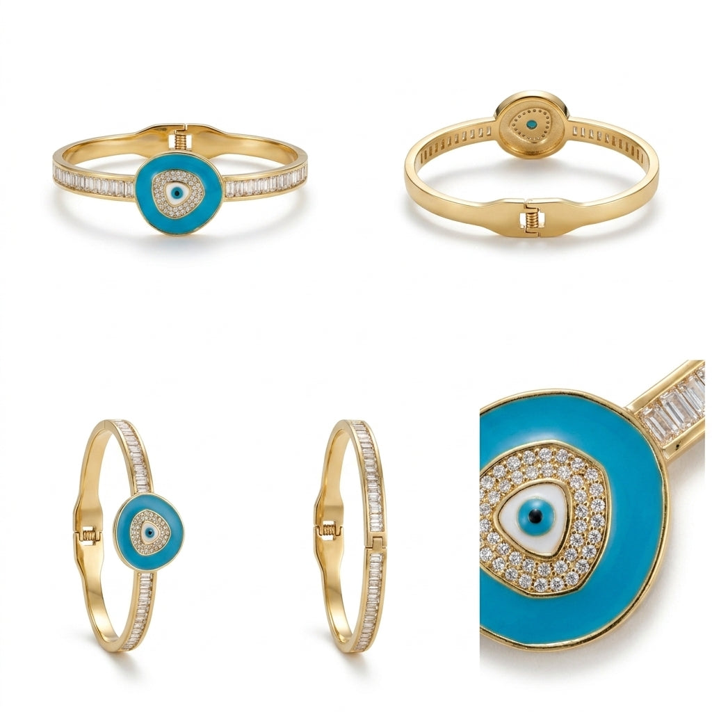 Five views of a gold huggie ring with a turquoise enamel evil eye charm and a row of clear stones on the band, shown on a white background.