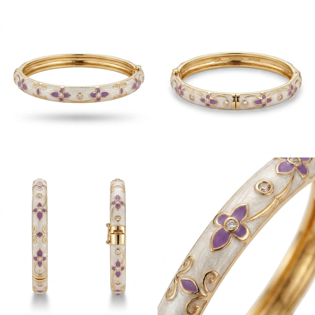 Gold bangle bracelet with white enamel floral detailing and purple accents, shown from multiple angles on a white background.