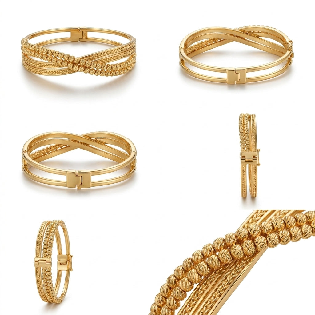 Five views of a gold-plated bangle bracelet showing different angles, including a close-up detail of the textured beaded and grooved bands, on a clean white background.
