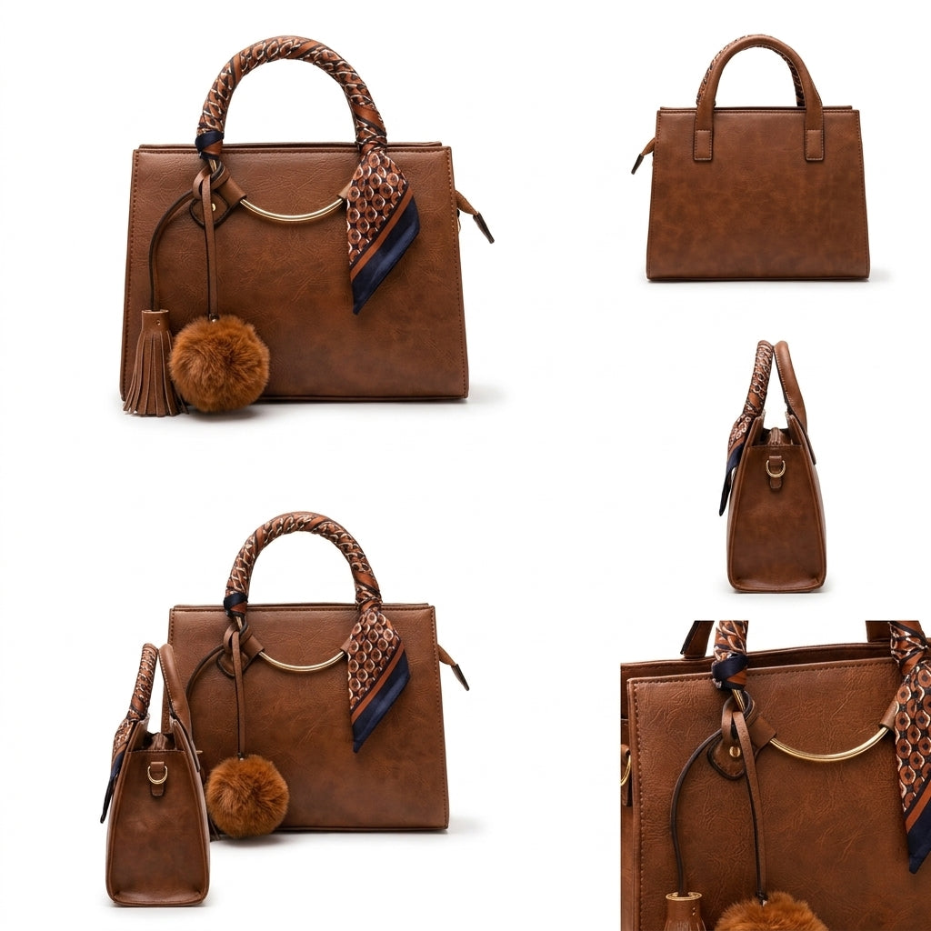 A brown faux-leather handbag shown in multiple views on a white background, featuring braided top handles, a patterned scarf accent, a tassel, and a fluffy pom-pom charm.