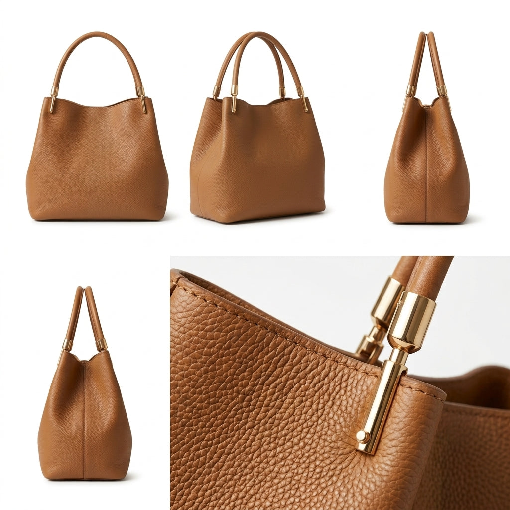 A tan leather hobo-style handbag shown from multiple angles on a white background, including a close-up of the pebbled texture and gold-tone handle hardware.