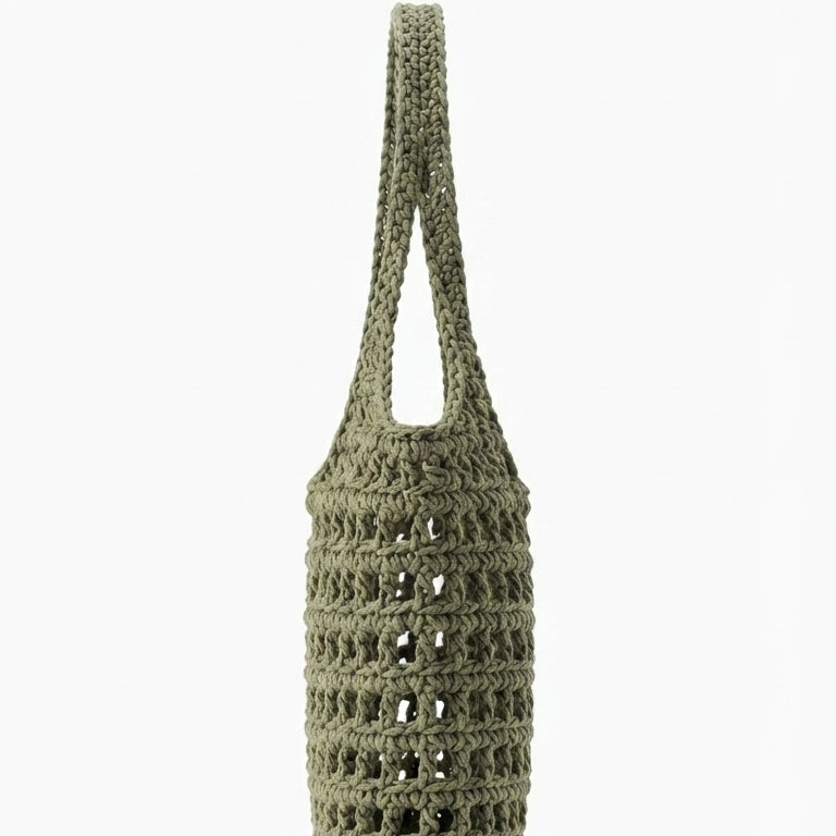 An olive green crocheted mesh tote bag with a single shoulder strap, shown against a plain white background.
