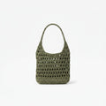 An olive green crocheted shoulder bag with a single top handle, shown against a plain white background.