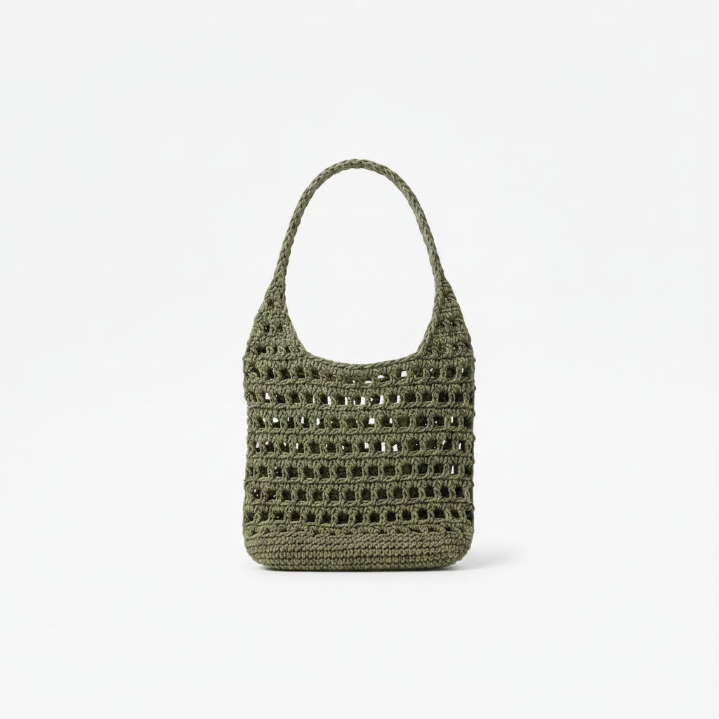 An olive green crocheted shoulder bag with a single top handle, shown against a plain white background.
