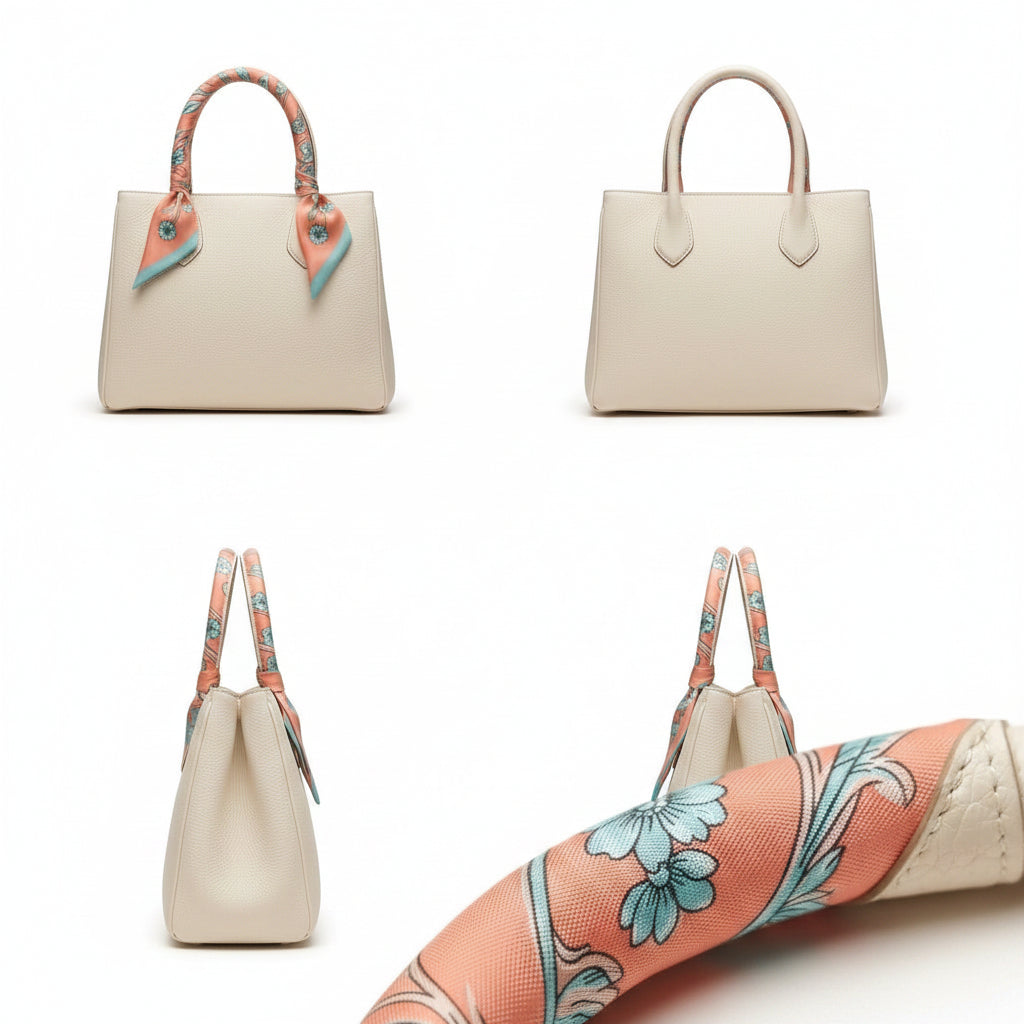 A structured tote handbag shown from multiple angles on a white background, with a close-up of the handle. The bag body is a warm light beige/cream, and the handles are wrapped in a peach-pink silk scarf with a blue floral pattern.