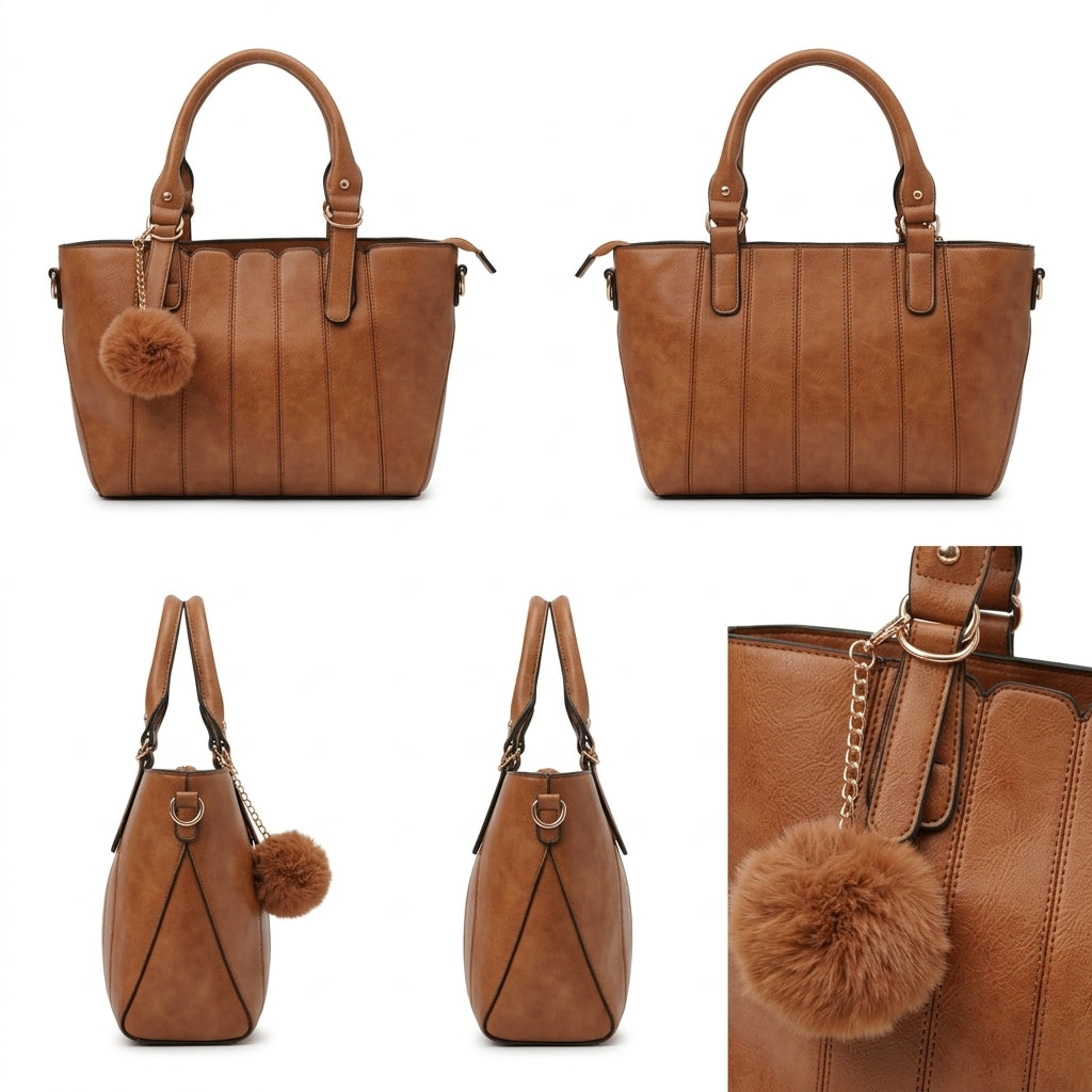 A brown faux-leather handbag shown from multiple angles on a white background, featuring dual top handles, a hanging brown faux-fur pom-pom charm with a chain, and a close-up detail of the pom-pom and hardware.