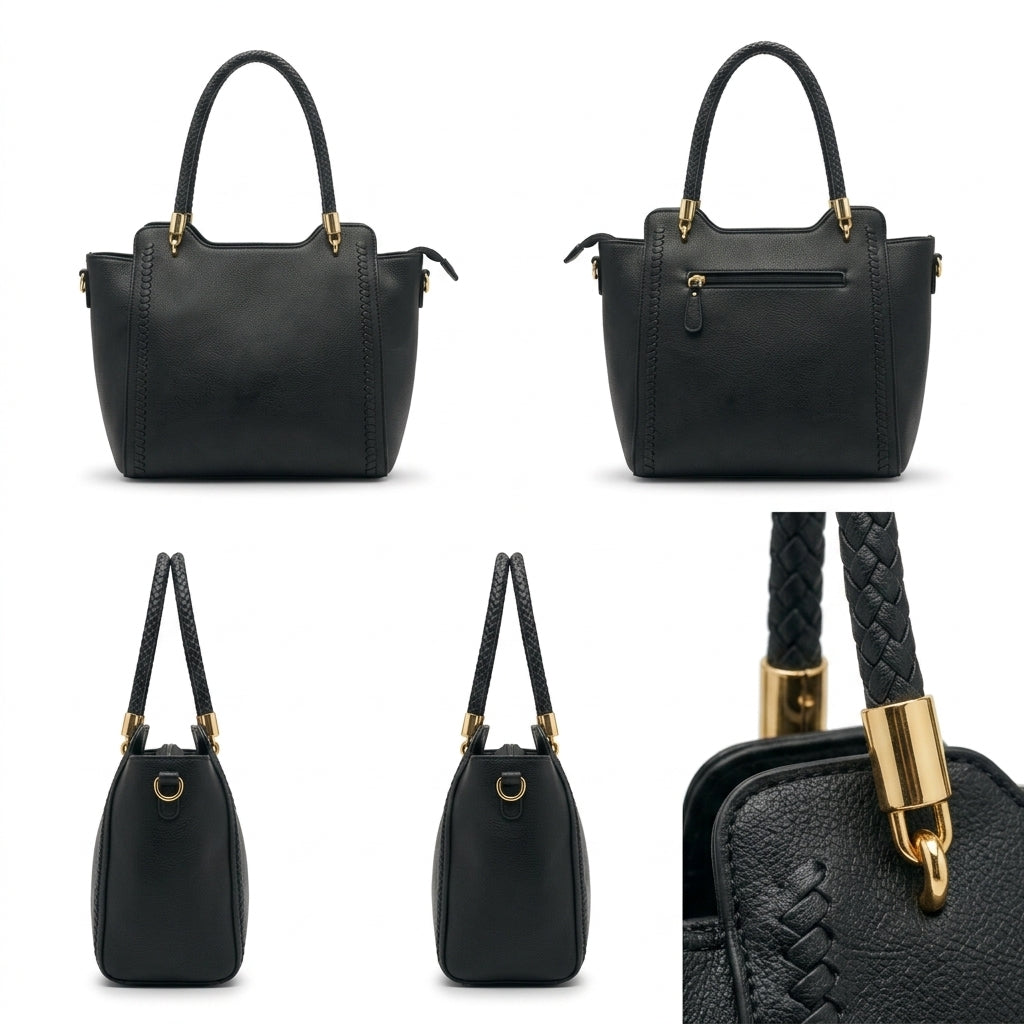 The Noir | Braided Leather Satchel Bag in Onyx Black – Elora