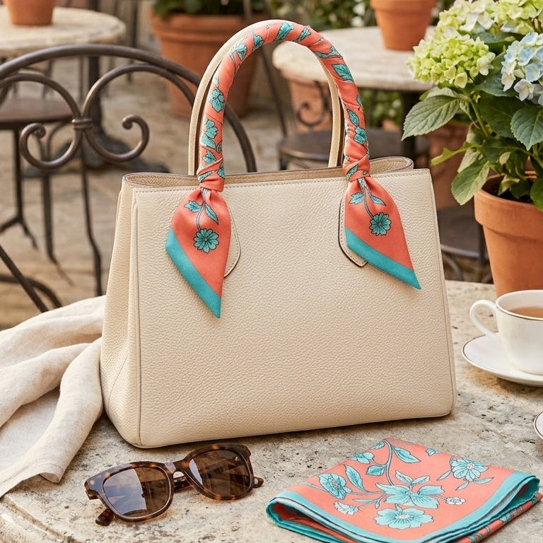 A cream-colored pebbled leather handbag with coral and teal patterned silk handles sits on a stone patio table, styled with sunglasses, a folded scarf, and a cup of coffee in a garden cafe setting.